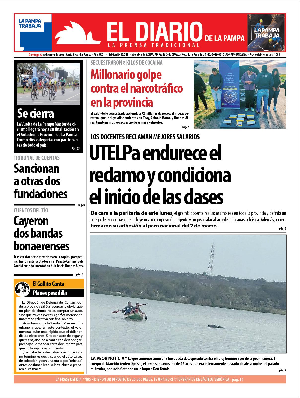 Tapa de El Diario en papel  domingo 22 de febrero de 2026